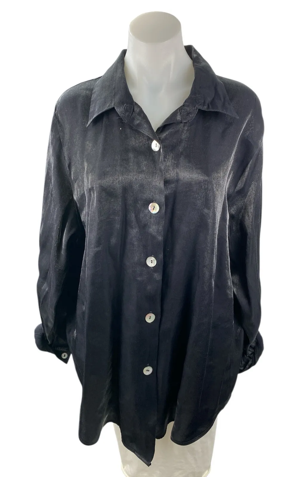 Expose Women's Black Acid Wash Satin Long Sleeve Button Down Shirt Top Size M Size M - Image 1
