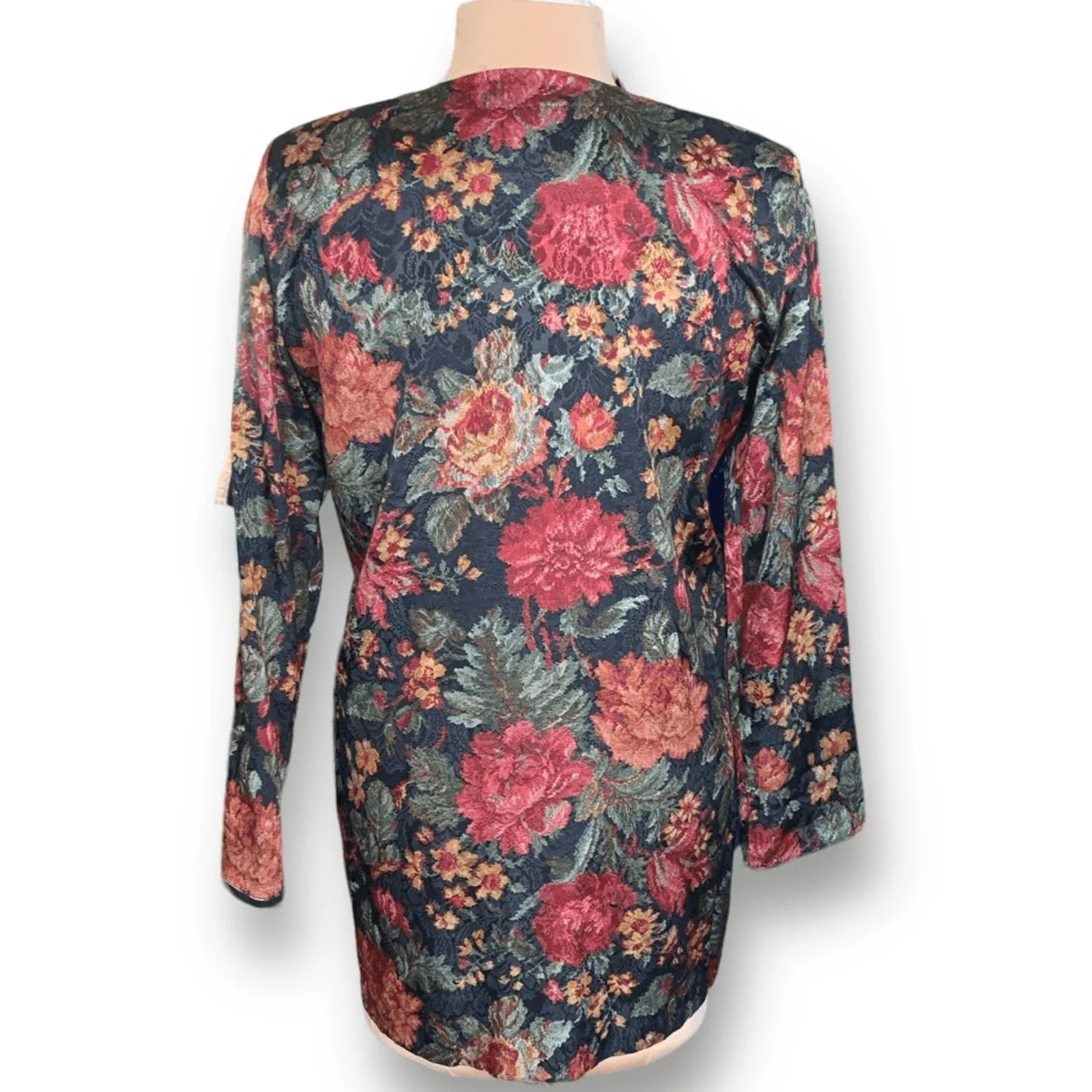 Vintage 90s SL Petites Floral Tapestry Blazer Jacket Burgundy Open Front Pocket Red Size 10 - Image 4