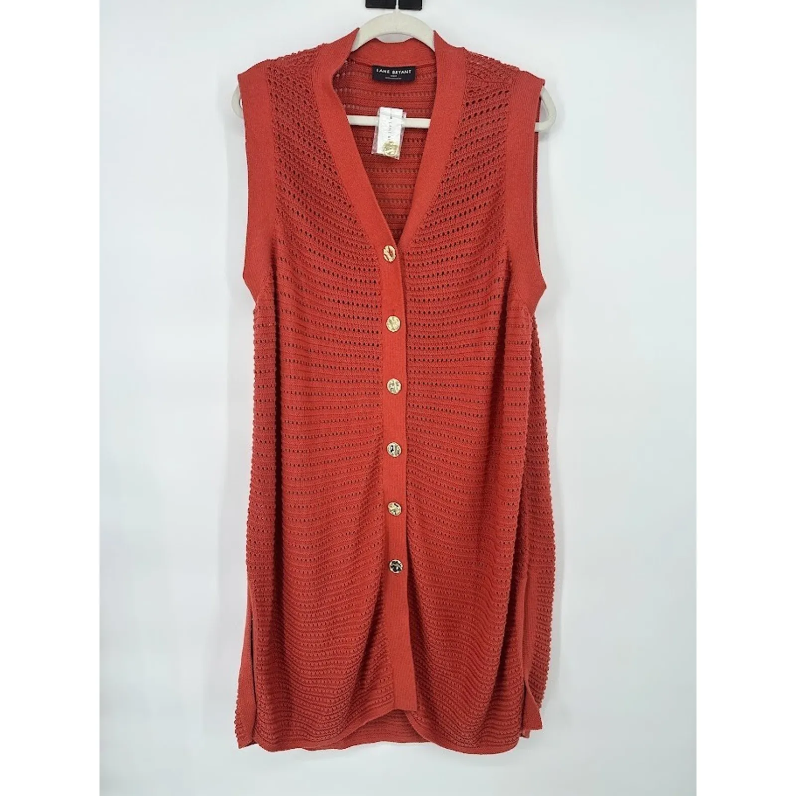 Lane Bryant Plus Size 22/24 Cardigan Open Knit Duster Sweater Gold Button Orange - Image 2