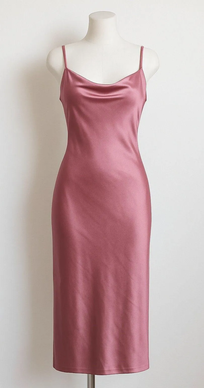 Y2K Womens Slip Dress Size S Pink Satin Cowl Neck Midi Coquette Minimalist Party - Image 1