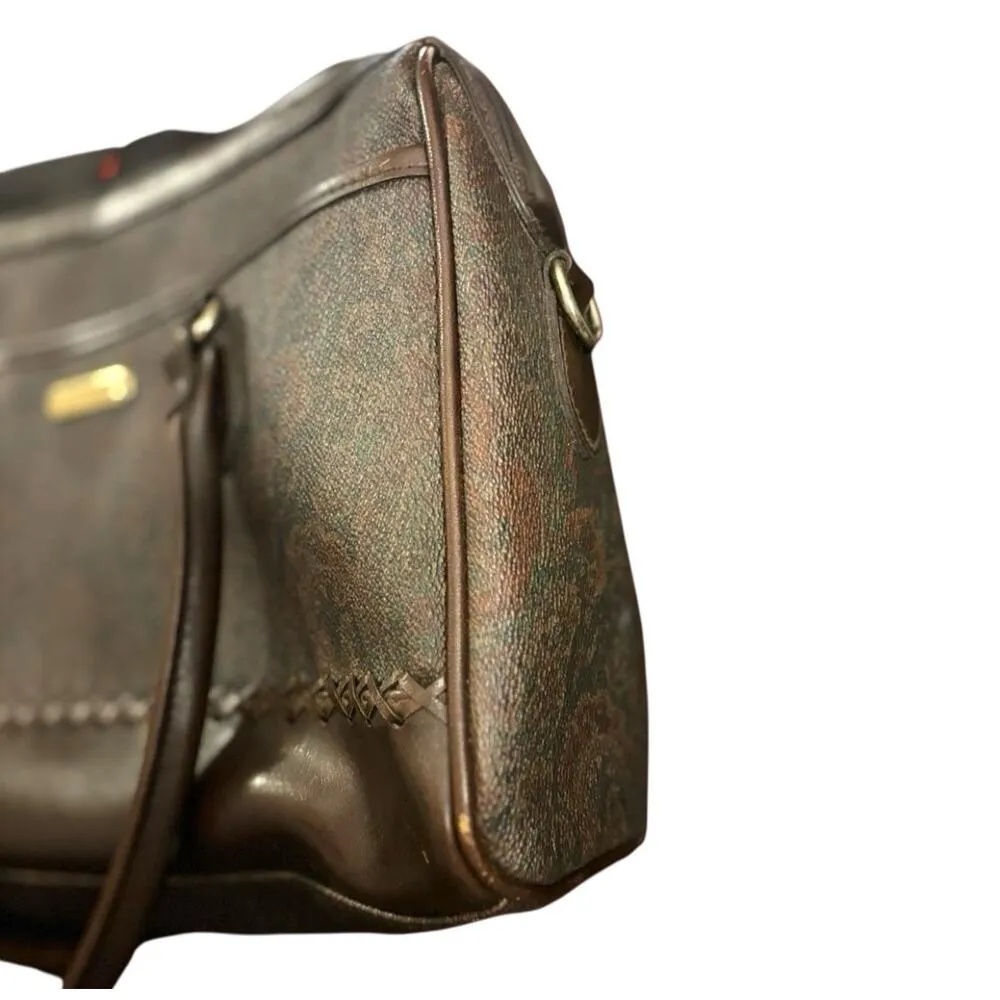 Vintage Liz Claiborne Brown Paisley Tapestry Satchel Tote Bag Purse Leather Trim - Image 5