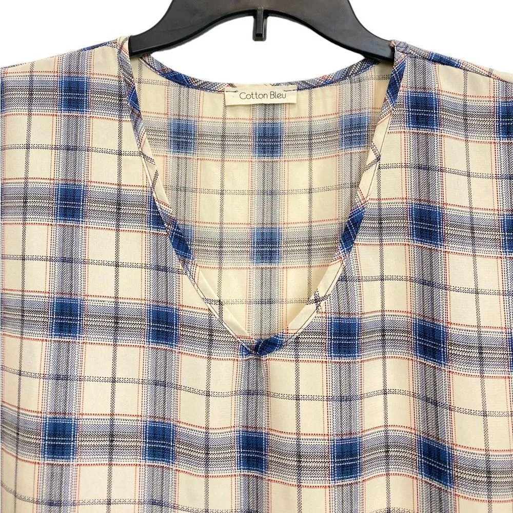 Cotton Bleu Plaid Short Sleeve Top Blouse Boxy Oversized Small - Image 3