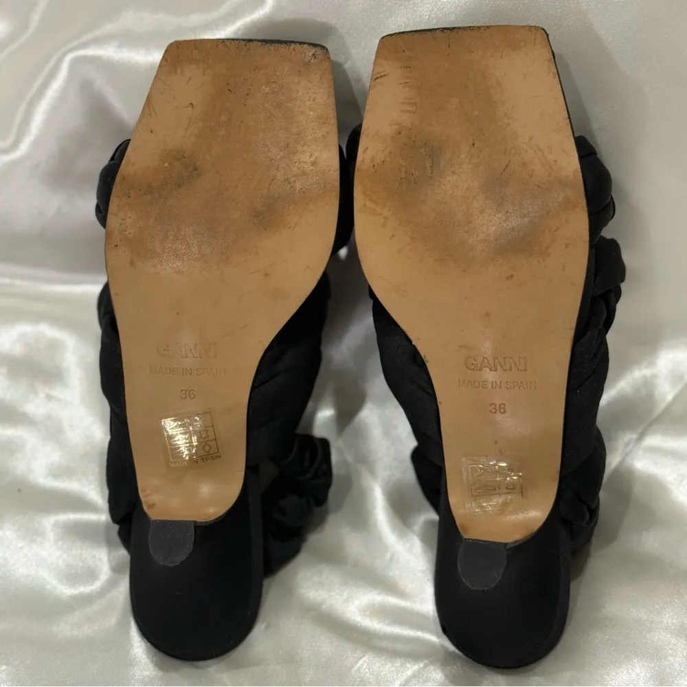 Ganni Knotted Satin Slingback Sandals Kitten Heels Open Toe Puffy Black Size 6 - Image 9