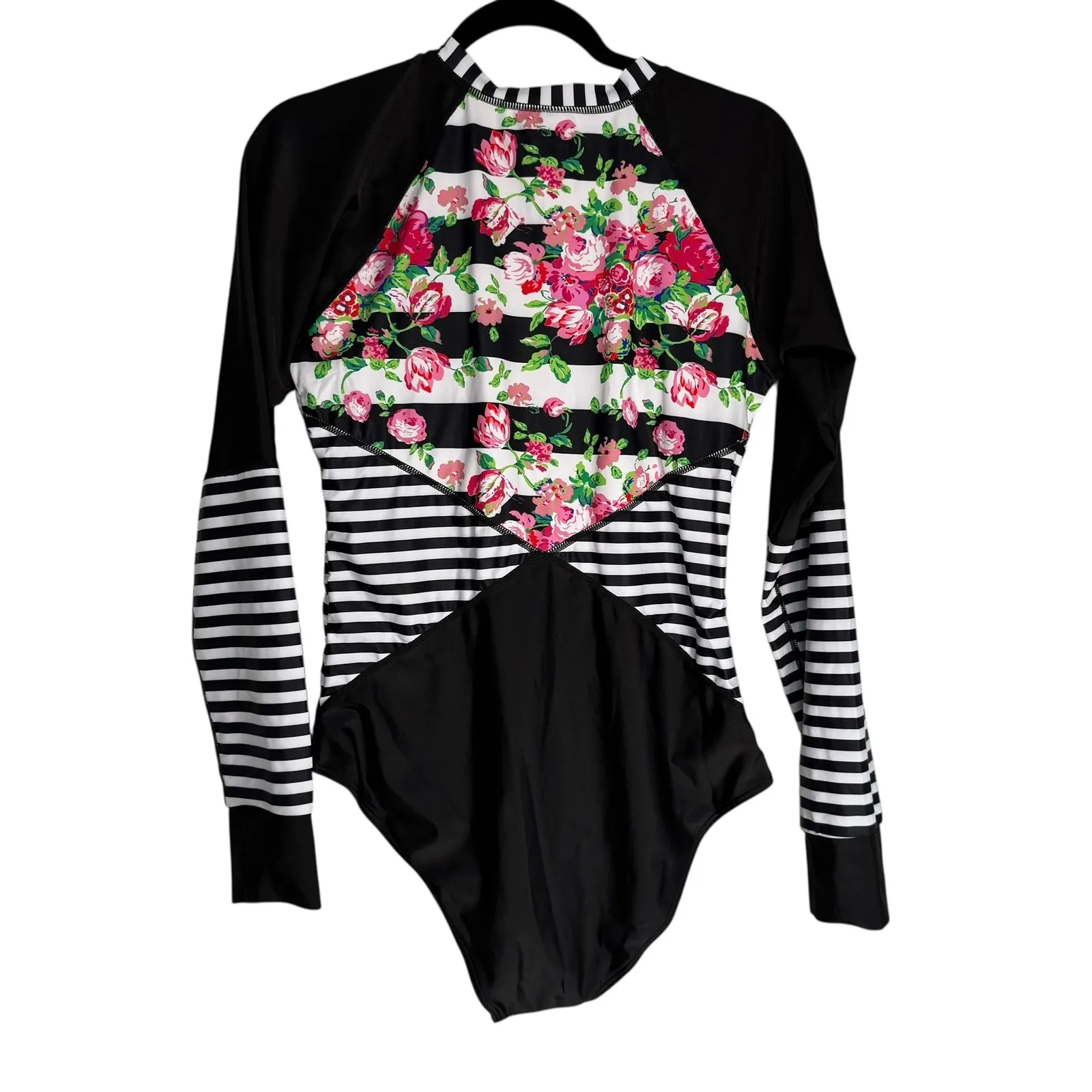 Womens Long Sleeve Rash Guard Swimsuit One Piece Zip Front Floral Stripe XL Black - Image 4