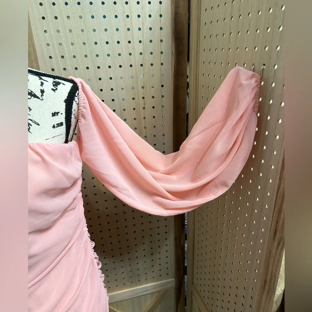 SHEIN Women’s Off The Shoulder Gathered Strapless Pinkish Peach Dress Sz Lg - Image 6