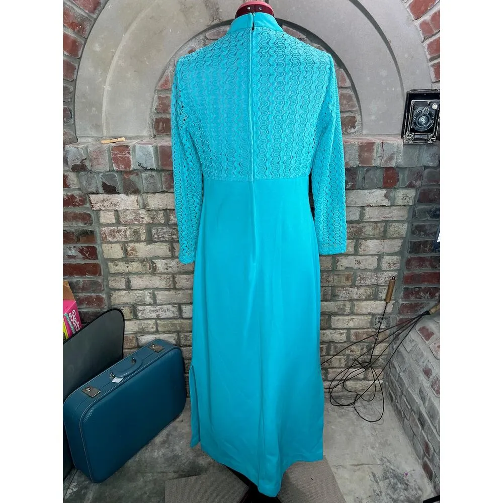 Maxi Dress high neck sheer lace sleeves 1960s high neck bow Blue - Image 6
