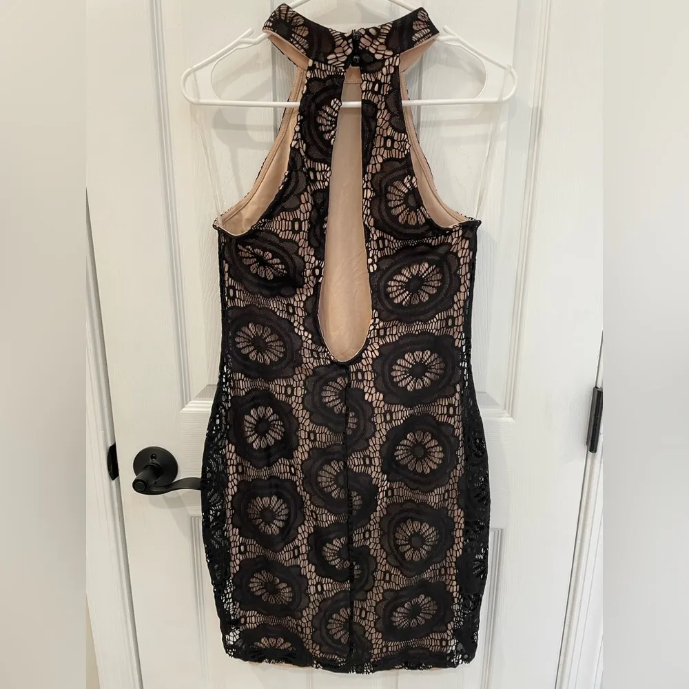 Just Fab Black Lace Naked Look Tan Lined Bodycon Halter Dress Women’s Size XL - Image 2