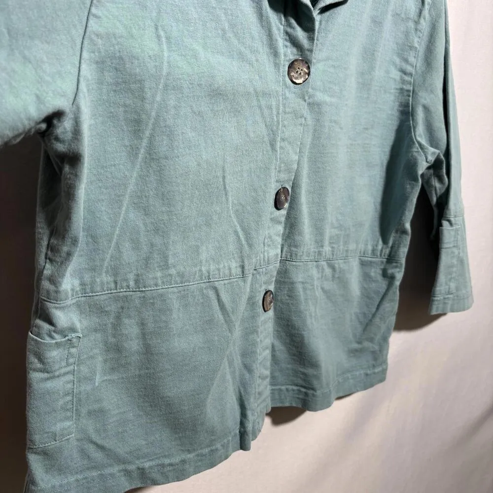 VTG Mill Valley Cotton Teal Button Up Top Lagenlook Artsy Boho USA Made M Preppy Green Size M - Image 3