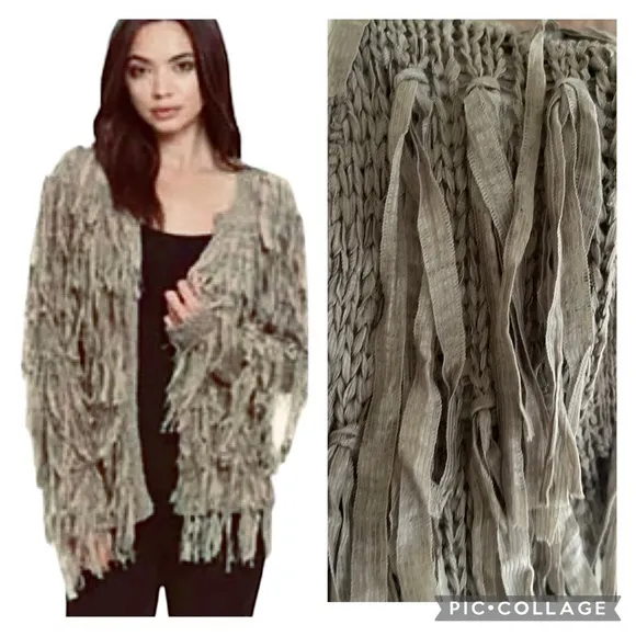 Elan Cardigan Shaggy Fringe Women’s S Knit Open Draped S Boho Chic Ribbon - Image 2