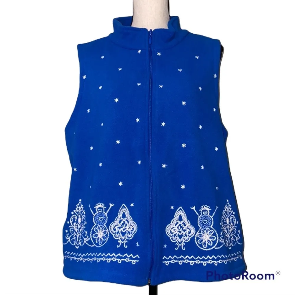 MOUNTAIN LAKE XL womens blue white full zip up vest snowmen trees holiday theme - Image 14