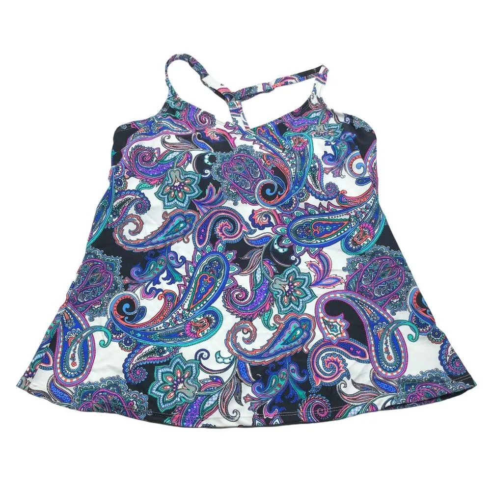 Island Escape Paisley Tankini Swim Top Full Bust Support Racerback Underwire 6 Purple - Image 3