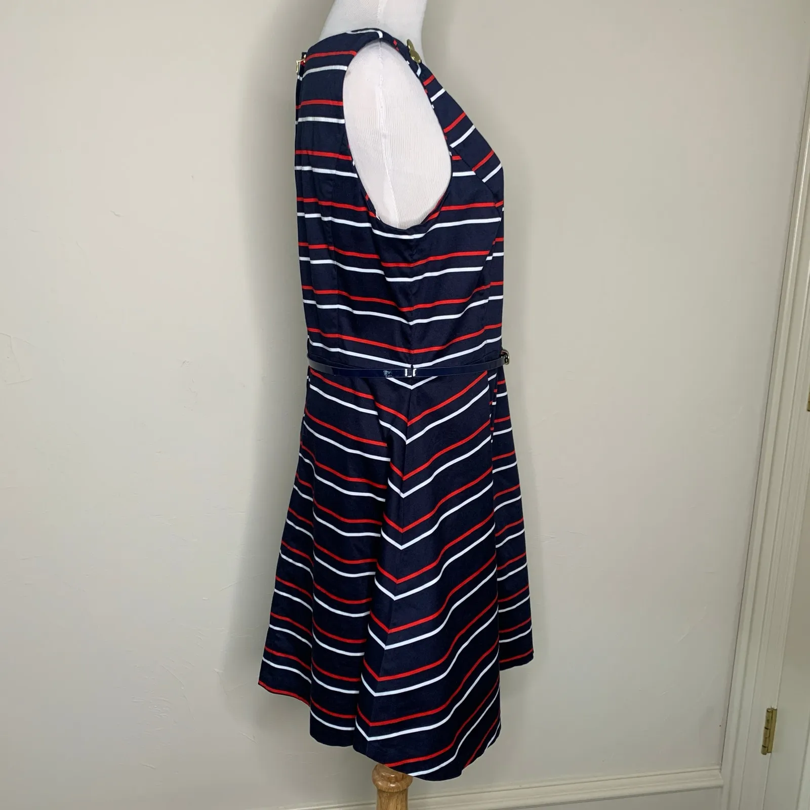 Tommy Hilfiger Blue Red White Striped A Line Dress Sz 14 Gold Buttons - Image 4