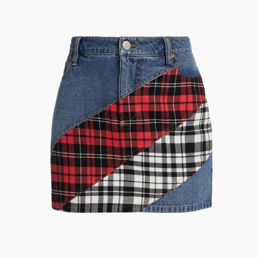 NWT Alice + Olivia Slim Fit Mini Skirt Denim Patchwork Size 24 - Image 2