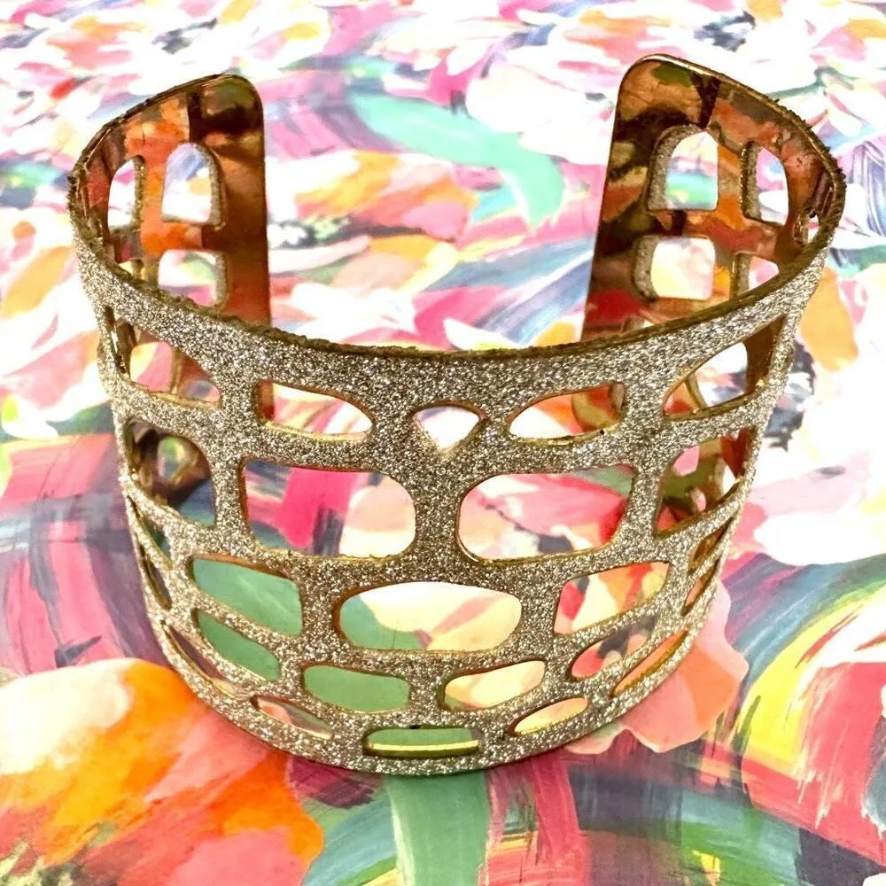 Silver gold tone wide cut out open cuff bracelet - Image 6