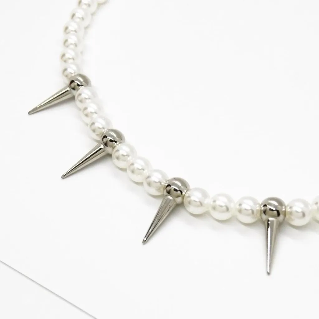 Pearl and Spike Charm Necklace Silver - Image 6