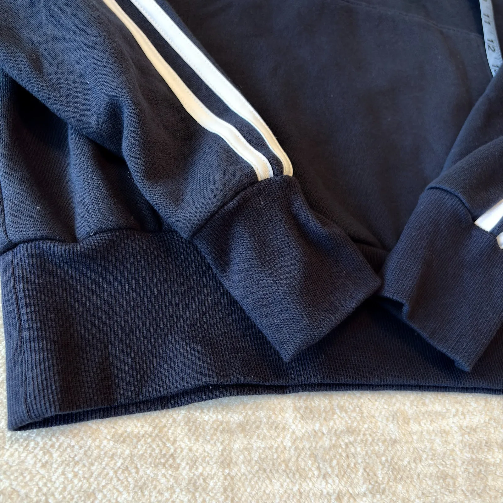 Adidas Essentials Striped Fleece Hoodie Sweatshirt XS Navy Women Kangaroo Pocket - Image 9