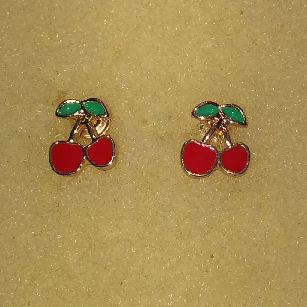 Gold Tone Red Enamel Cherry Dainty Boho Stud Earrings - Image 4