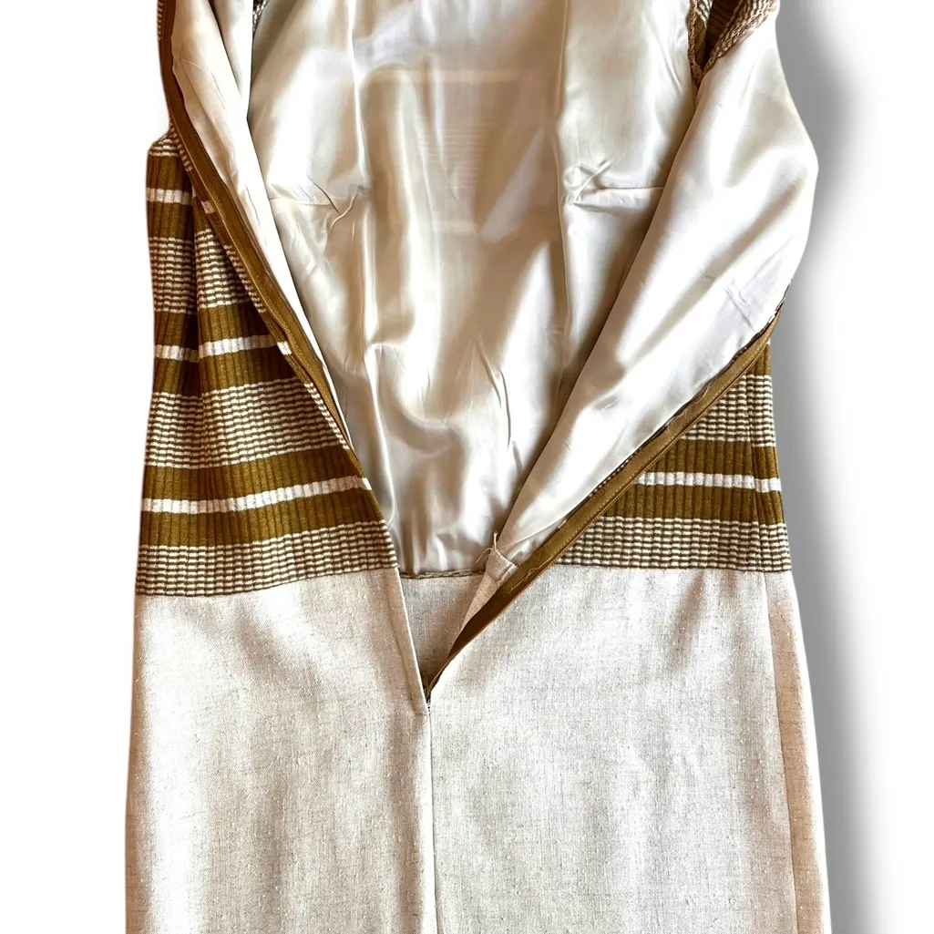 Vtg 60s Brown & Cream Long Jacket & Mid Sleeveless Dress Judy Wayne NEW w/flaw Tan - Image 12