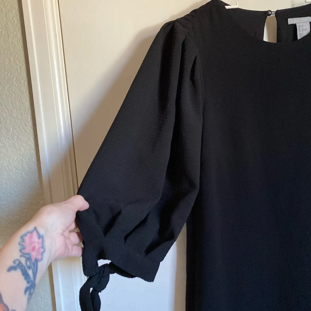 H&M Black Textured Puffed 3/4 Sleeve Shift Midi Dress #Br - Image 5
