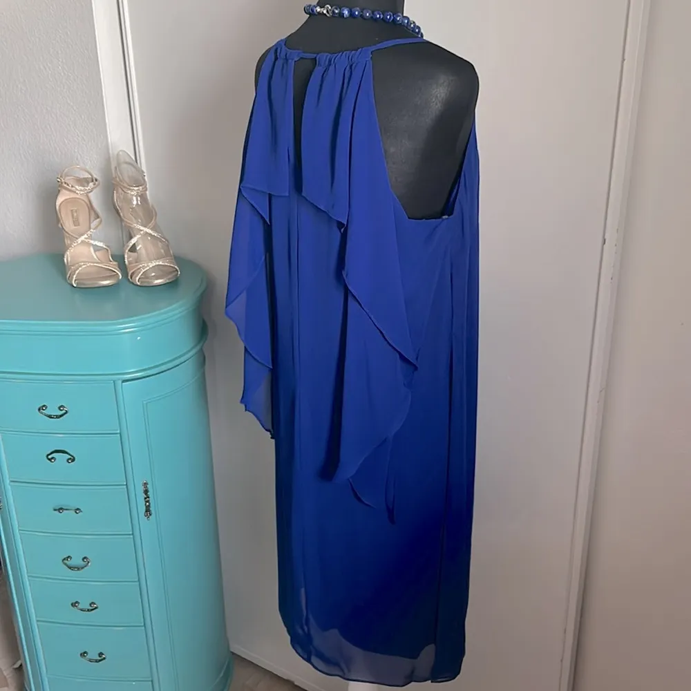 New Kate & Mallory Lapis Blue Sleeveless Back Overlay Strappy V-Neck Dress - Image 4