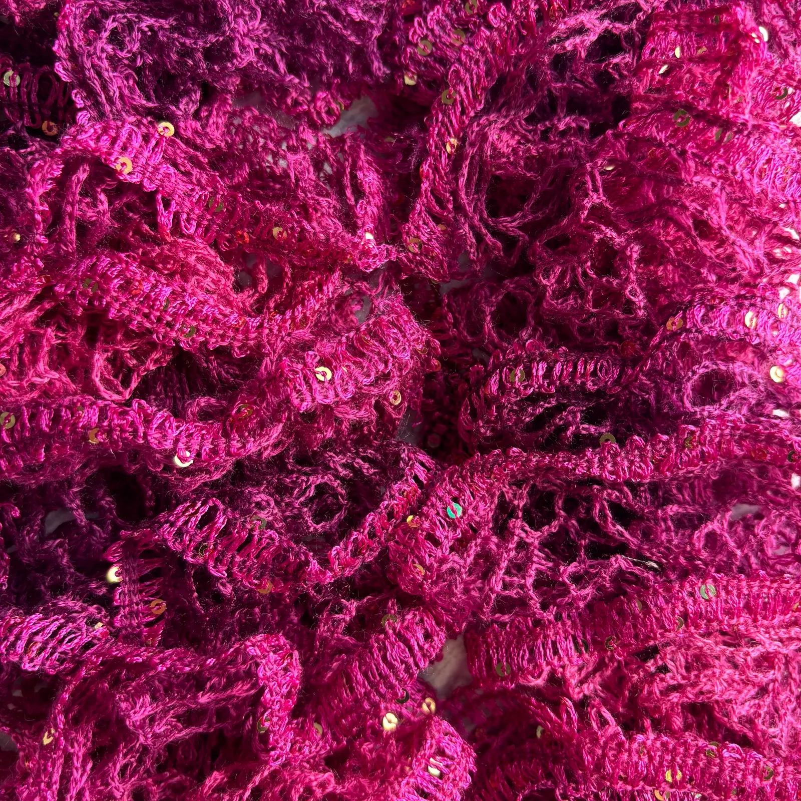 Homemade Crocheted Purple and Pink Ruffle Scarf with Gold Sequin Accents - Image 2