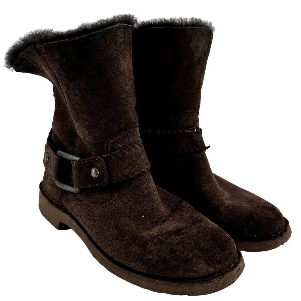 UGG Cedric Winter Boots Twinface Sheepskin Leather Cuffed Buckle Dark Brown 6 - Image 2