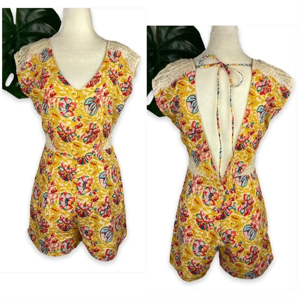 Ark & Co Antique Gold Floral Print Lace V-Back Romper - Image 11