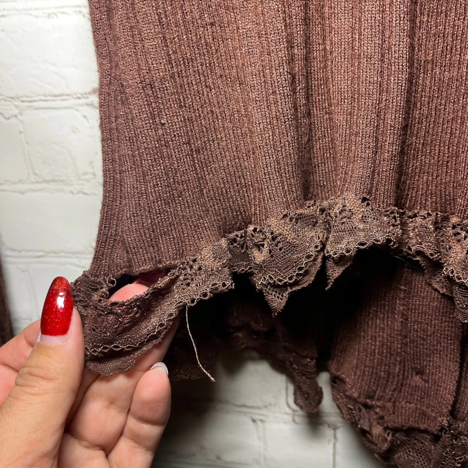 West of Melrose Chocolate Brown Ribbed Lace Trim Button UpCardigan Sweater Sz SM - Image 9