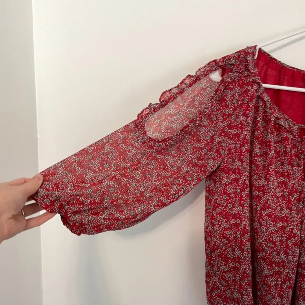 MAX STUDIO Georgette Elbow Sleeve Cold Shoulder Blouse Red White Floral Boho Top - Image 9