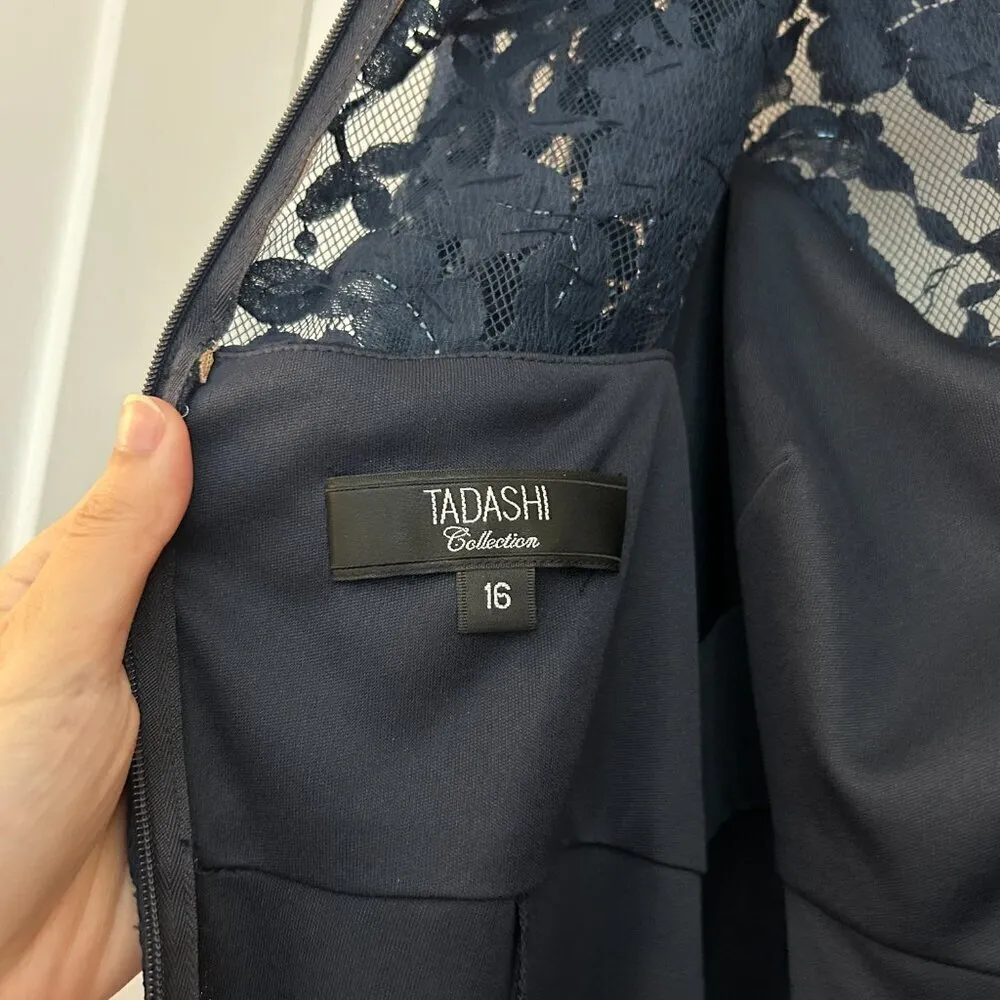 Tadashi Collection Silk Beaded Ruched Long Evening Gown Navy Blue Plus Size 16 - Image 10