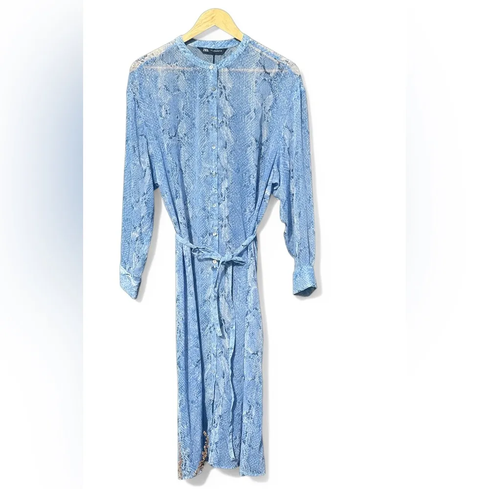 Zara Women’s Blue Semi -Sheer Snake  Print Shirt Dress NWT - Image 2