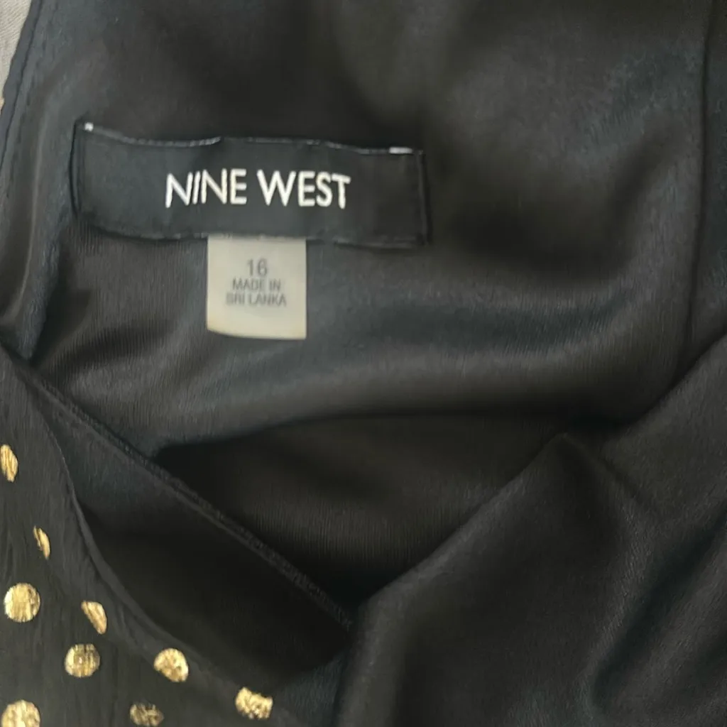 Nine West Double V-Neck Surplice Polka Dot Dress Fit Flare Black / Gold Size 16 - Image 9