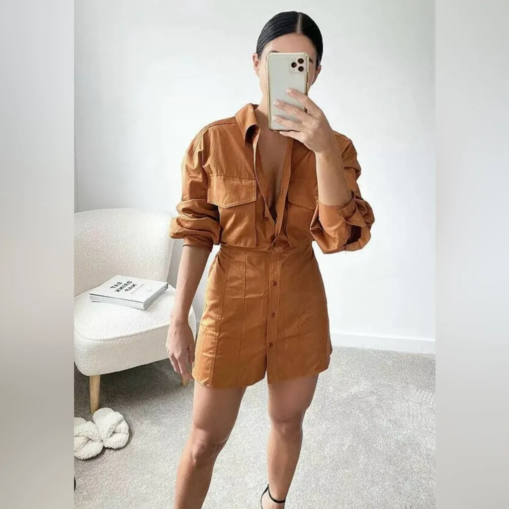 ZARA Poplin Shirt Open Back Utility‎ Mini Dress w/ Pockets in Tobacco Size Large - Image 9