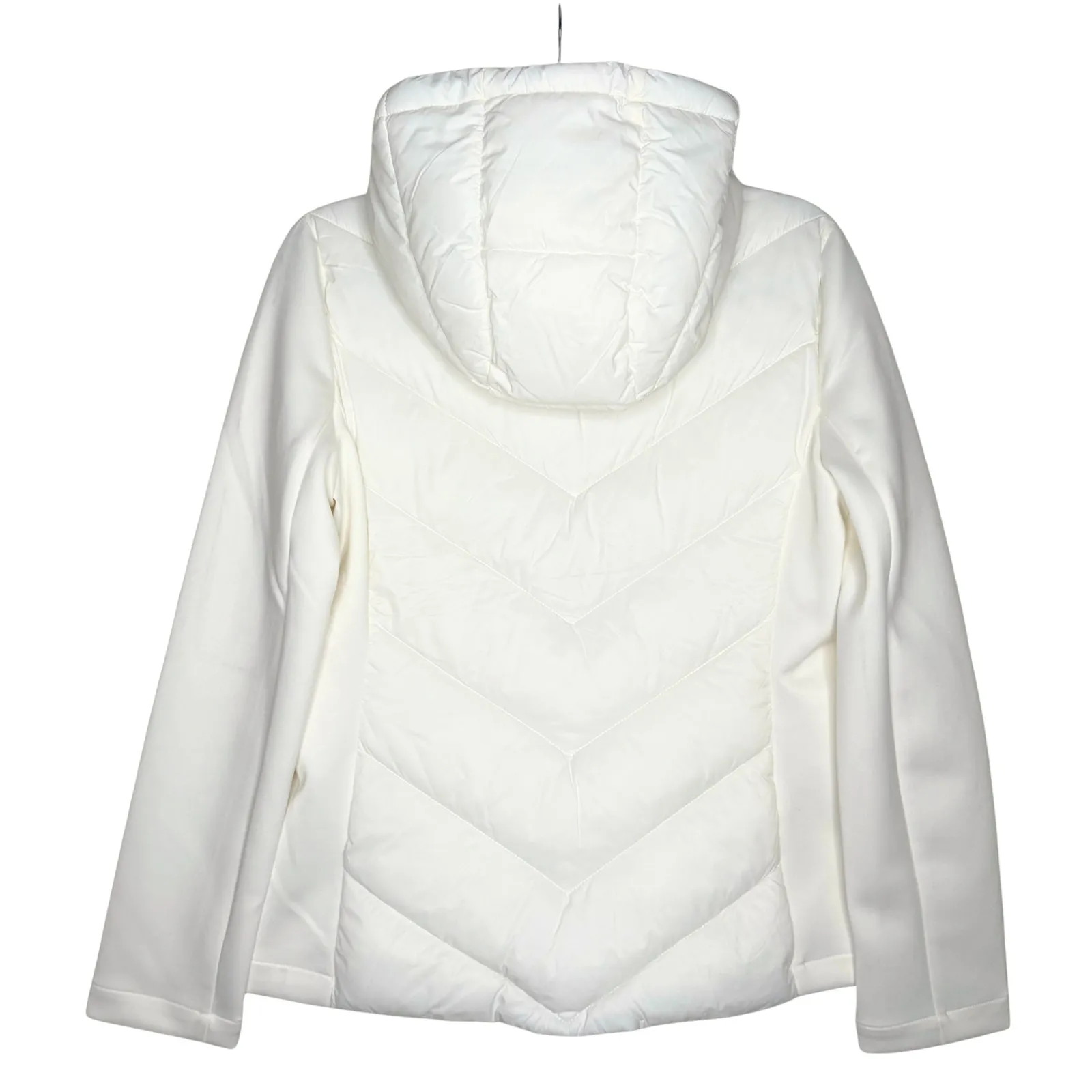 DKNY Mixed Media Scuba Sleeves Hooded Puffer Jacket Size Small White Winter Coat - Image 14