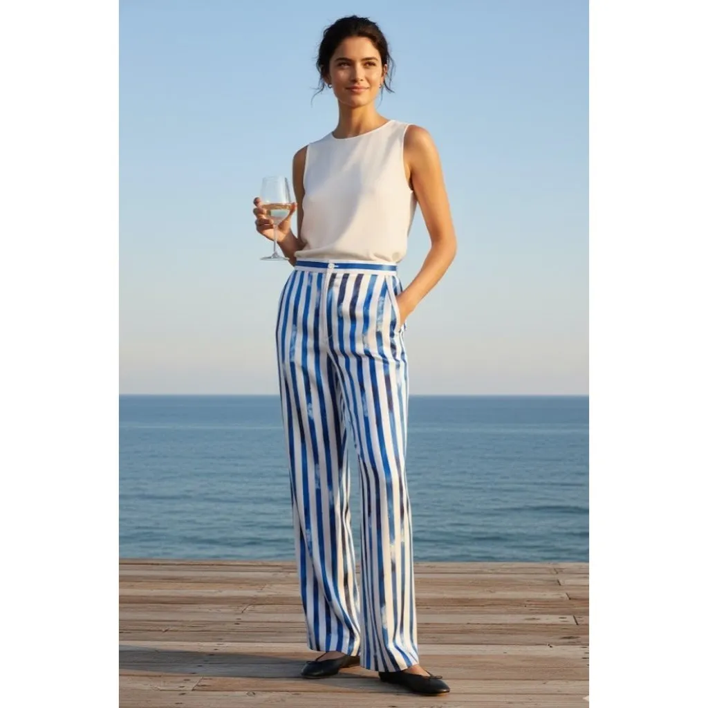 NWT Polo Ralph Lauren High Rise Wide Leg Striped Satin Pajama Pants 6 $328 - Image 3