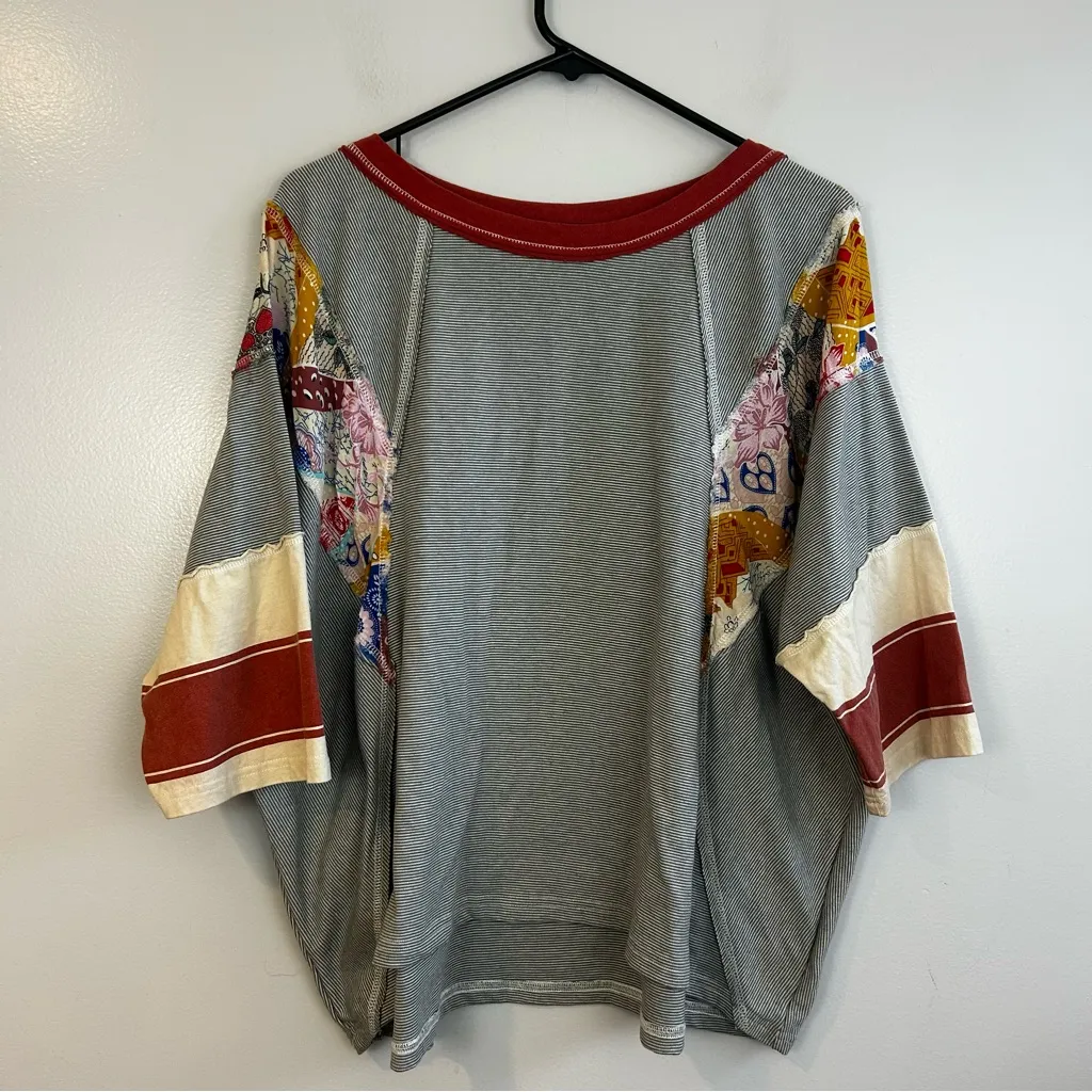 Easel Britt Patchwork Mixed Print Multi Color Striped Oversized Boho Top Small - Image 3