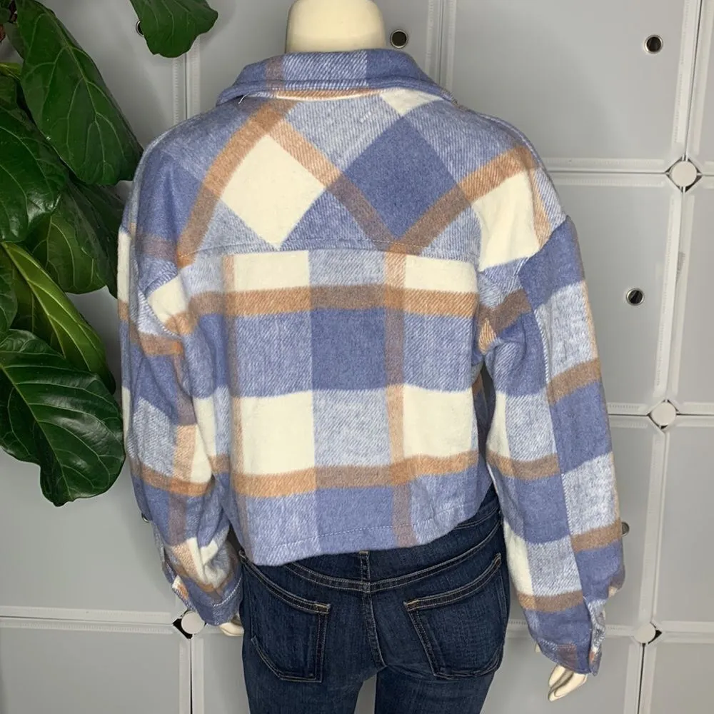 Plaid Print Drop Shoulder Crop Overcoat Size Large Blue - Image 6