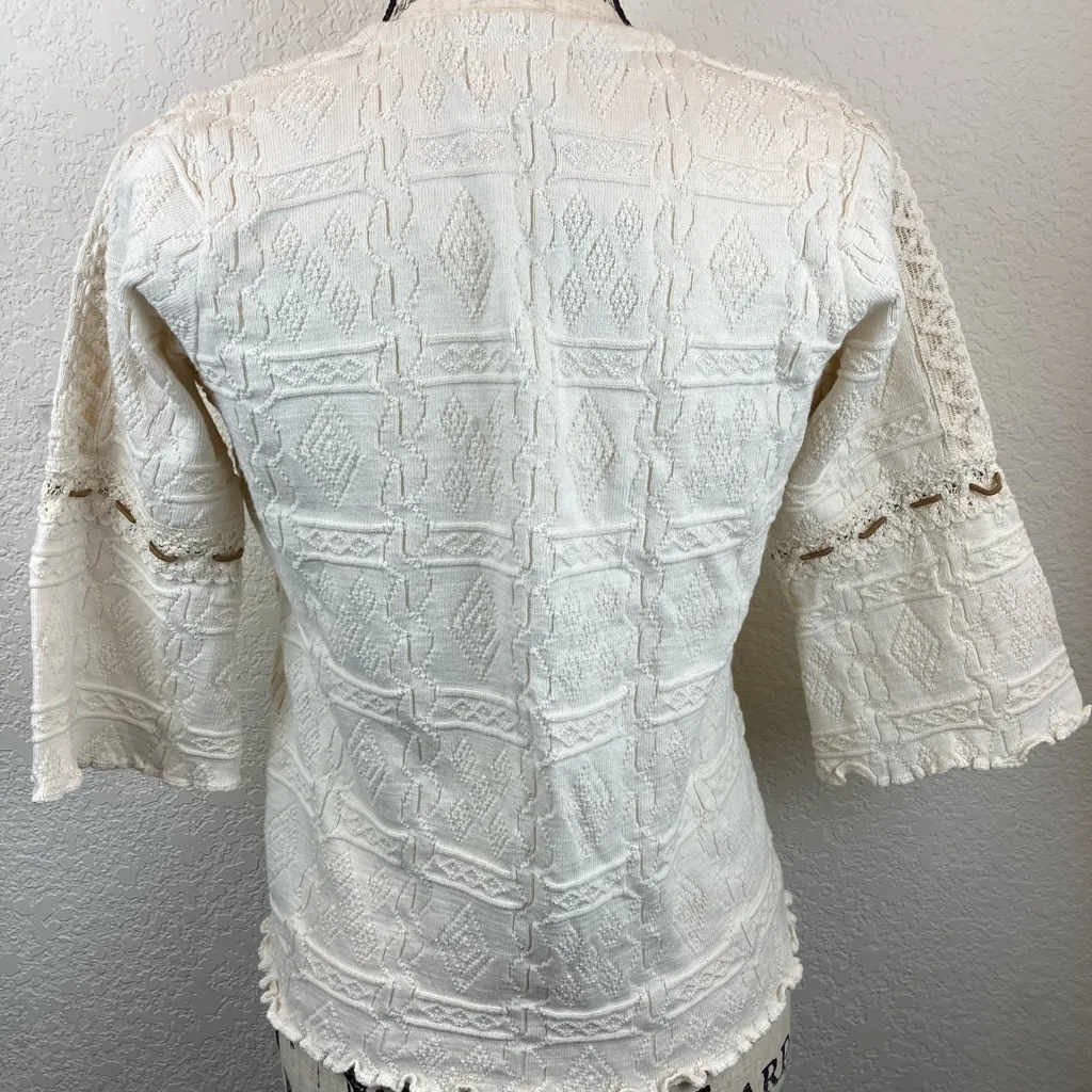 Micaela Ivory Patterned Boho V Neck 3/4 Sleeve Sweater A92 Size L - Image 9