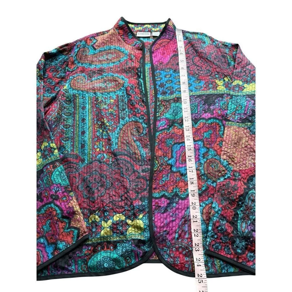 Vintage Chico’s 100% Silk Quilted Open Front Boho Paisley Jacket - Image 7