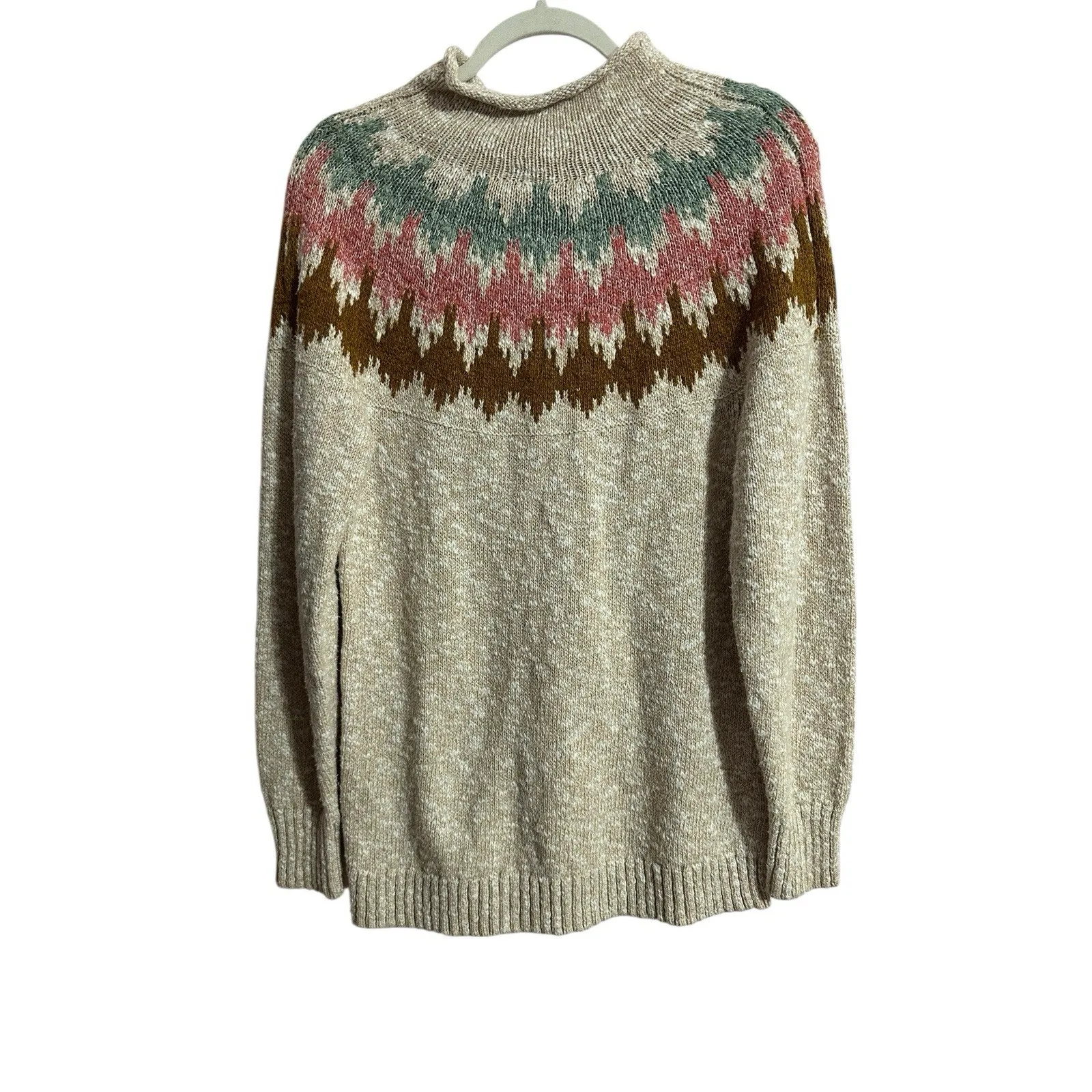 LL Bean Sweater Womens Extra Large Beige Fair Isle Cotton Chunky Knit Mock Neck Size XL - Image 3