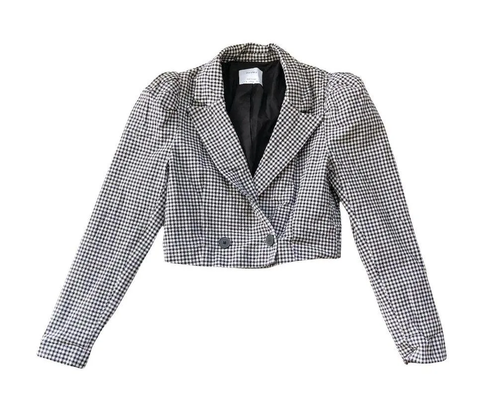 Bershka Cropped Blazer with Puff Sleeves Gingham Plaid Black White Academia - Image 6
