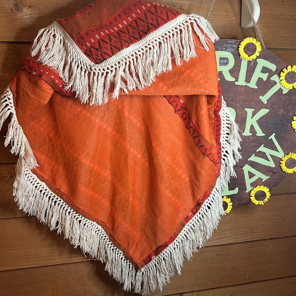 Handmade Southwestern Tapestry Fringe Poncho Orange Cowgirl Western Aztec OSFM - Image 4