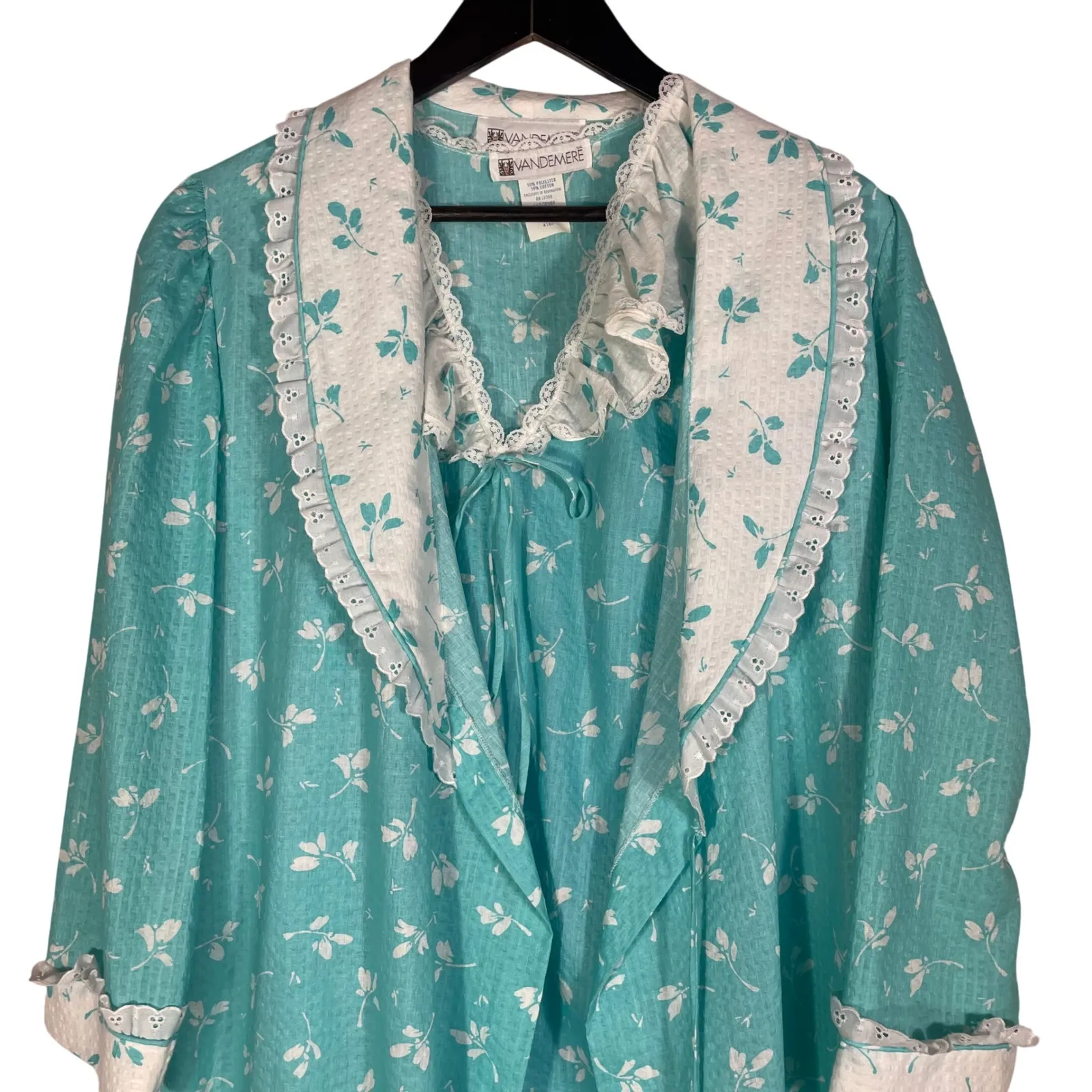 Vintage Vandemere Nightgown Robe Set‎ Women's S/M Aqua Blue Floral Lace Trim USA - Image 2