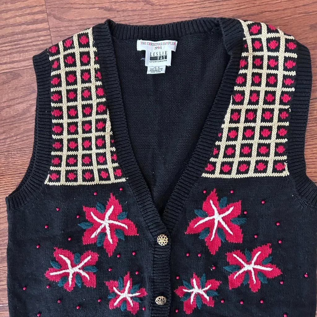 Vintage 90s Leslie Fay The Christmas Sampler Sweater Vest Size Medium Embroidere - Image 4