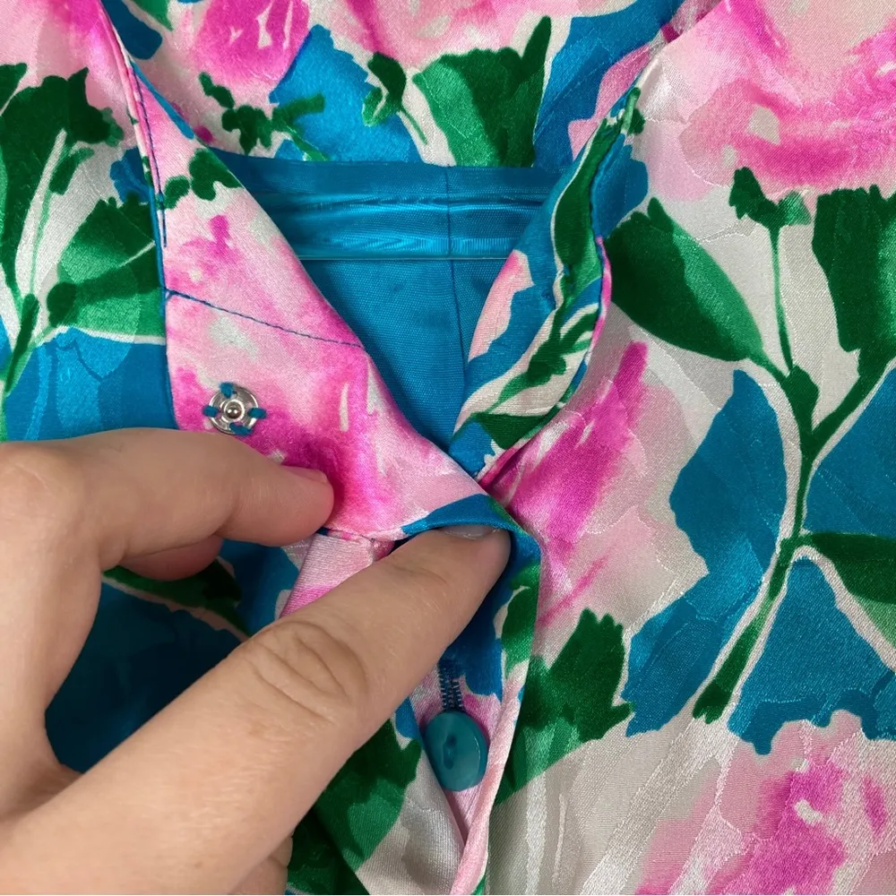 Adrianna Papell | Vintage 100% Silk Teal Floral Button Blouse PETITE - Image 3