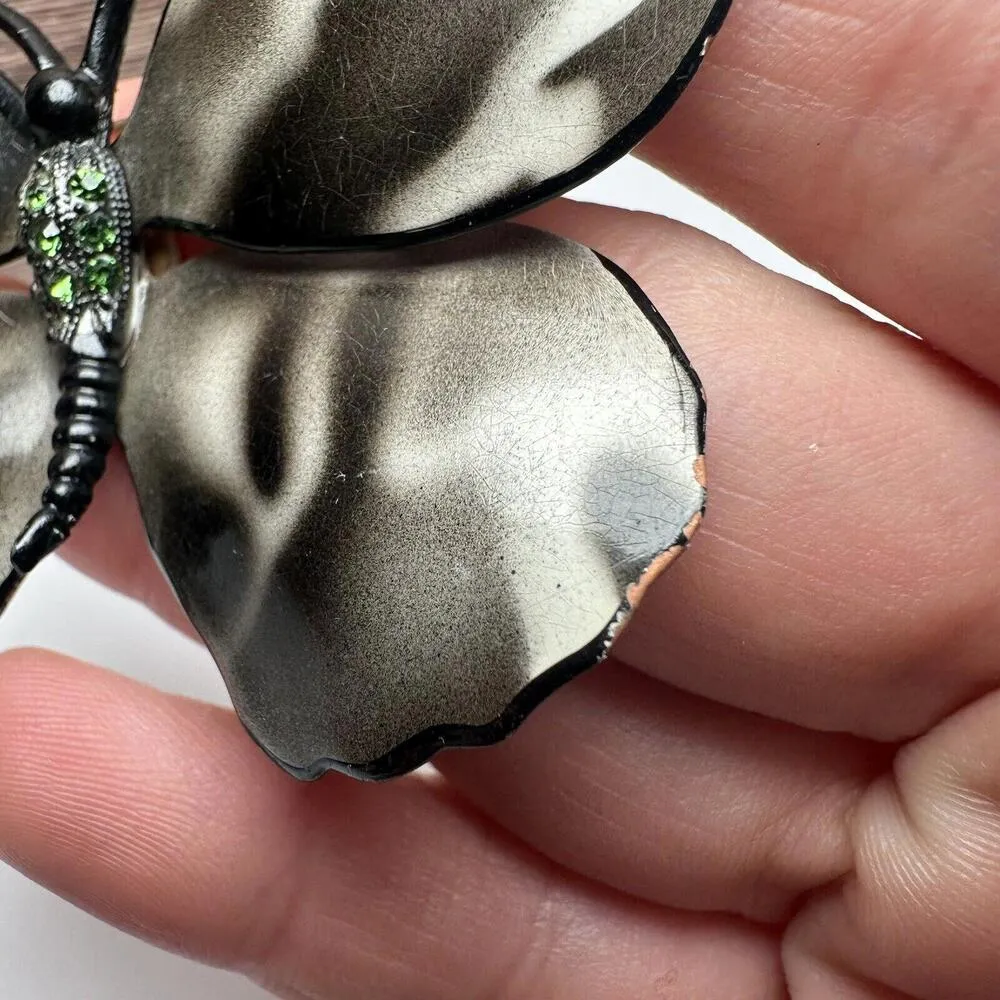 Large Rhinestone Butterfly Insect Enameled Metal Brooch Pin Enamel Black White - Image 8