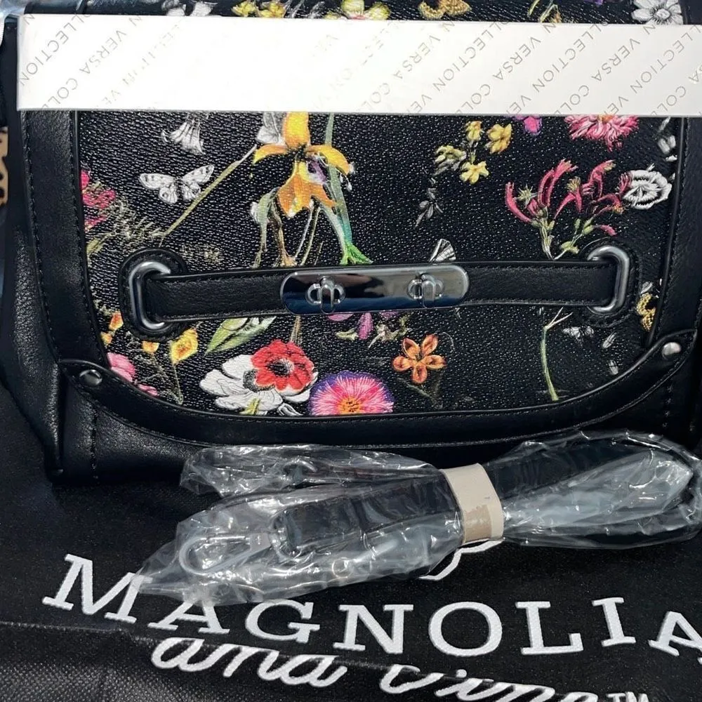 Magnolia and Vine Versa Collection Bag. Size Medium Black Leather flowers Magnet - Image 3