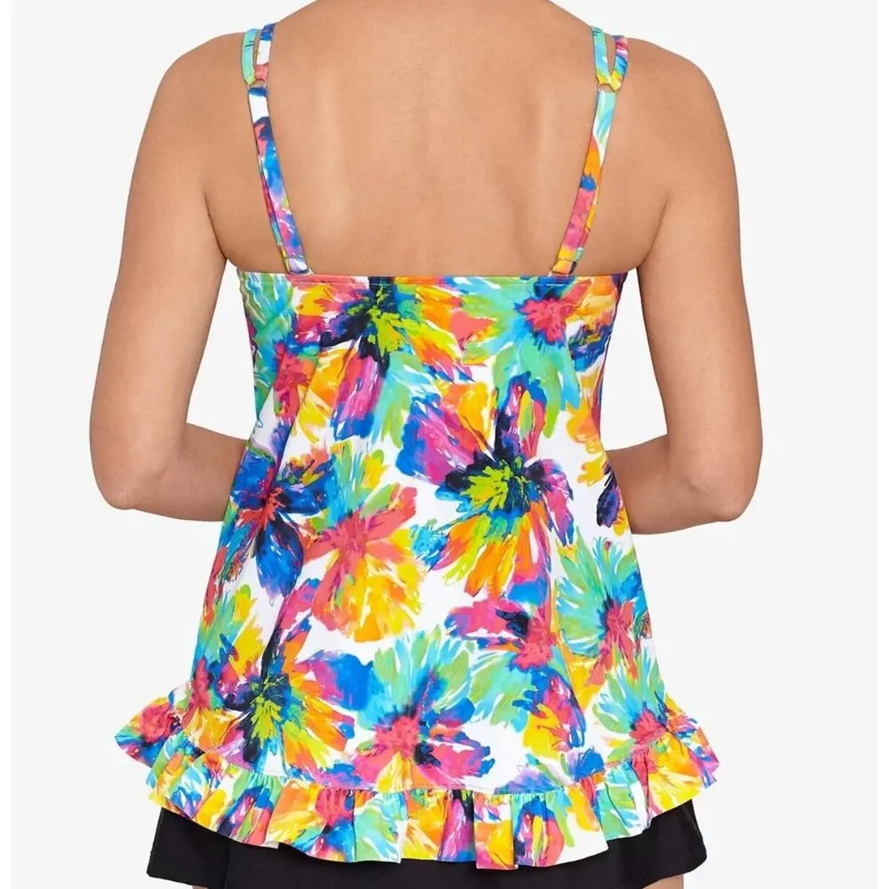 Swim Solutions Tankini Top Hi Low Hem Ruffle Floral Colorful White 10 - Image 2