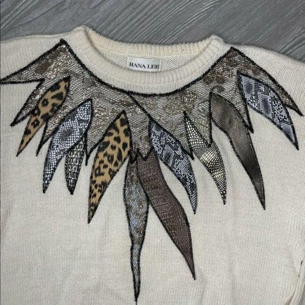 Vintage knit Hana lee sweater “ feather “ moira rose retro 80s shirt med Silver - Image 2
