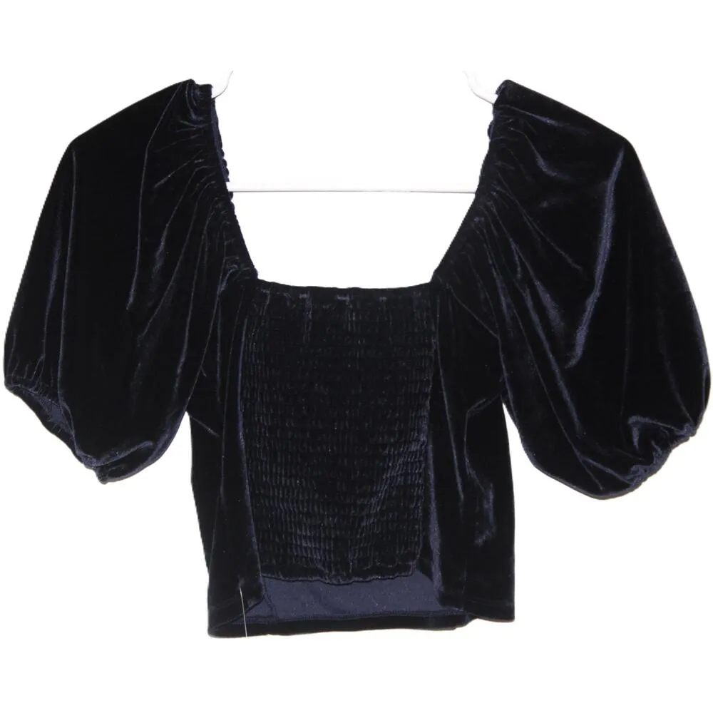Womens Abercrombie & Fitch Blue Velvet Puffer Sleeve Cropped Top Size Small - Image 2